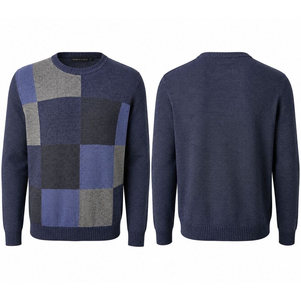 Oscar de la Renta Sweater XXL Colorblock Knit Blue Gray Crewneck Lightweight
